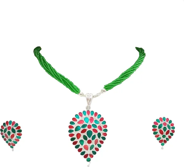 Assamese_Traditional_Silver_Plated_Red-Green_Dugdugi_Tassel_Jewellery_Set_For_Women